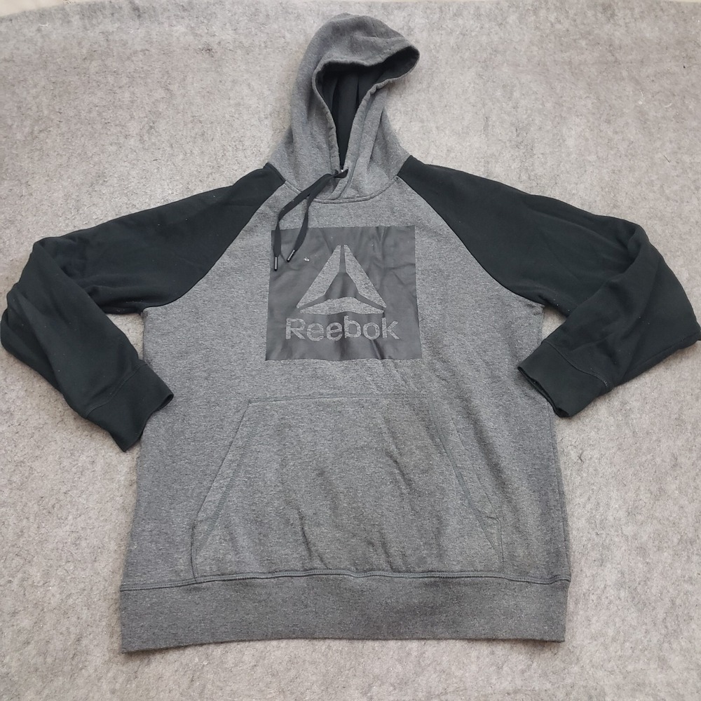 Reebok Sweater Mens Large Gray Black Outdoors Hoodie Logo Sweatshirt Adult